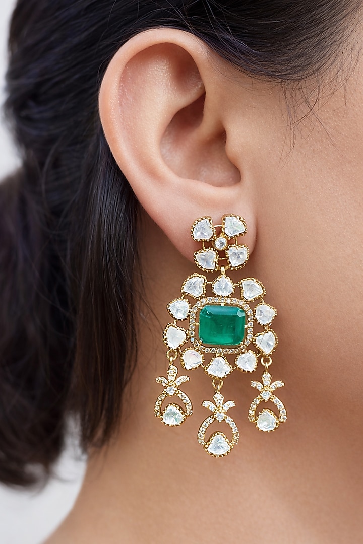 Gold Finish Kundan Polki & Emerald Dangler Earrings by Prestones at Pernia's Pop Up Shop