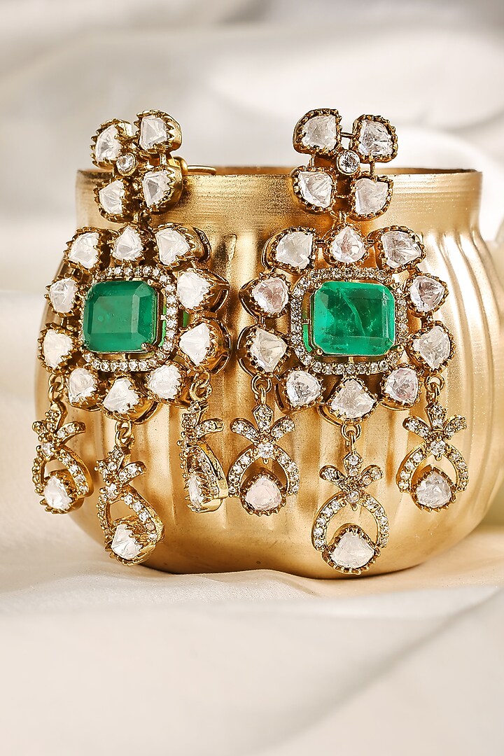 Gold Finish Kundan Polki & Emerald Dangler Earrings by Prestones at Pernia's Pop Up Shop