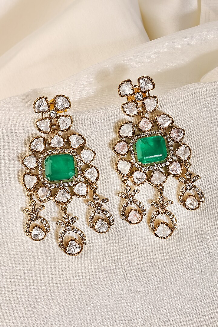 Gold Finish Kundan Polki & Emerald Dangler Earrings by Prestones at Pernia's Pop Up Shop
