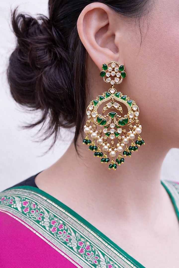Gold Finish Kundan Polki & Emerald Chandbali Earrings by Prestones at Pernia's Pop Up Shop
