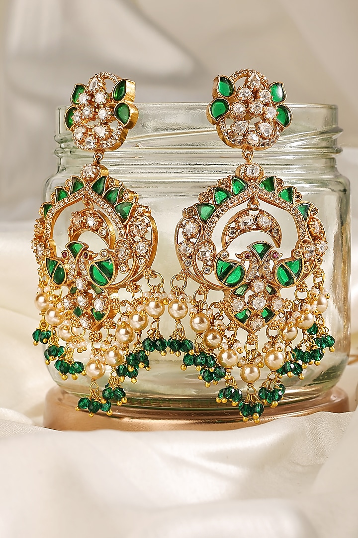 Gold Finish Kundan Polki & Emerald Chandbali Earrings by Prestones at Pernia's Pop Up Shop