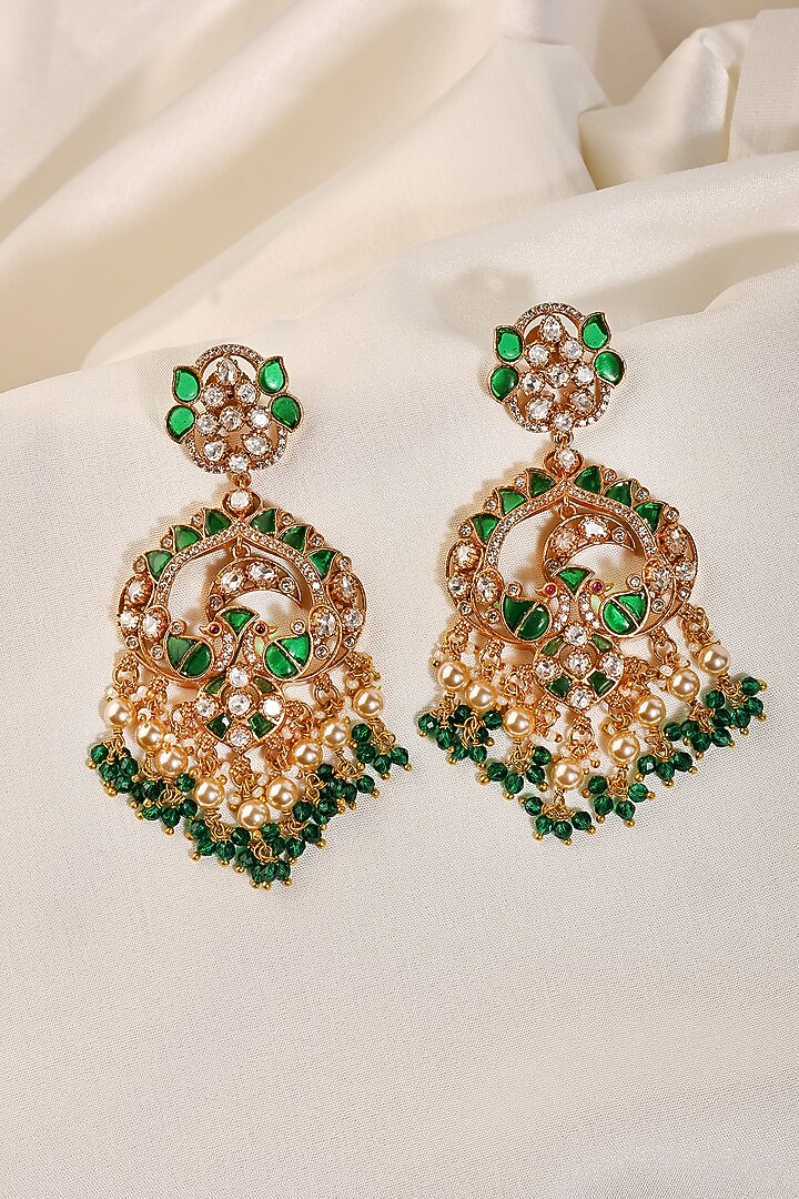 Gold Finish Kundan Polki & Emerald Chandbali Earrings by Prestones at Pernia's Pop Up Shop