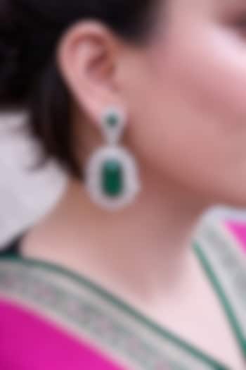 White Finish Zircon & Emerald Dangler Earrings by Prestones at Pernia's Pop Up Shop