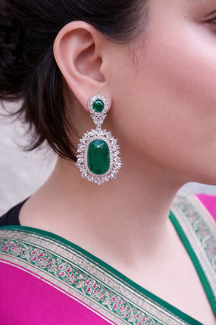 White Finish Zircon & Emerald Dangler Earrings by Prestones at Pernia's Pop Up Shop