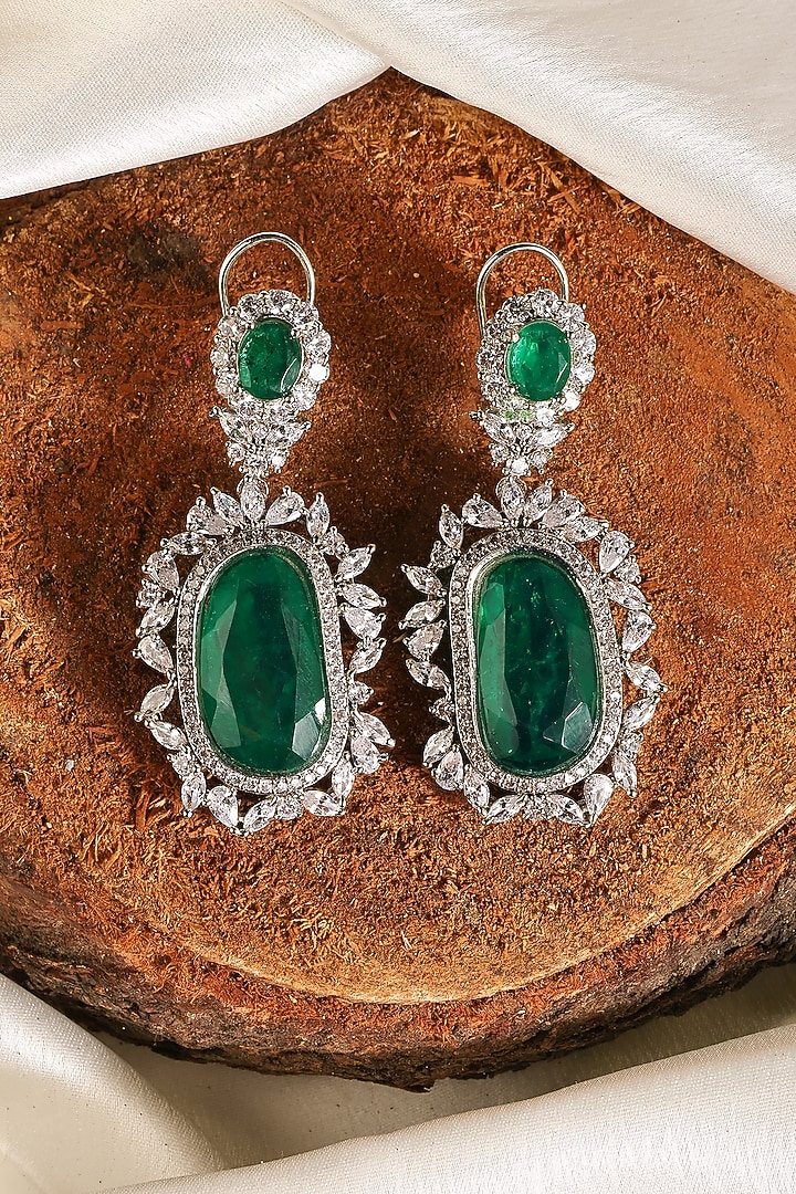White Finish Zircon & Emerald Dangler Earrings by Prestones at Pernia's Pop Up Shop