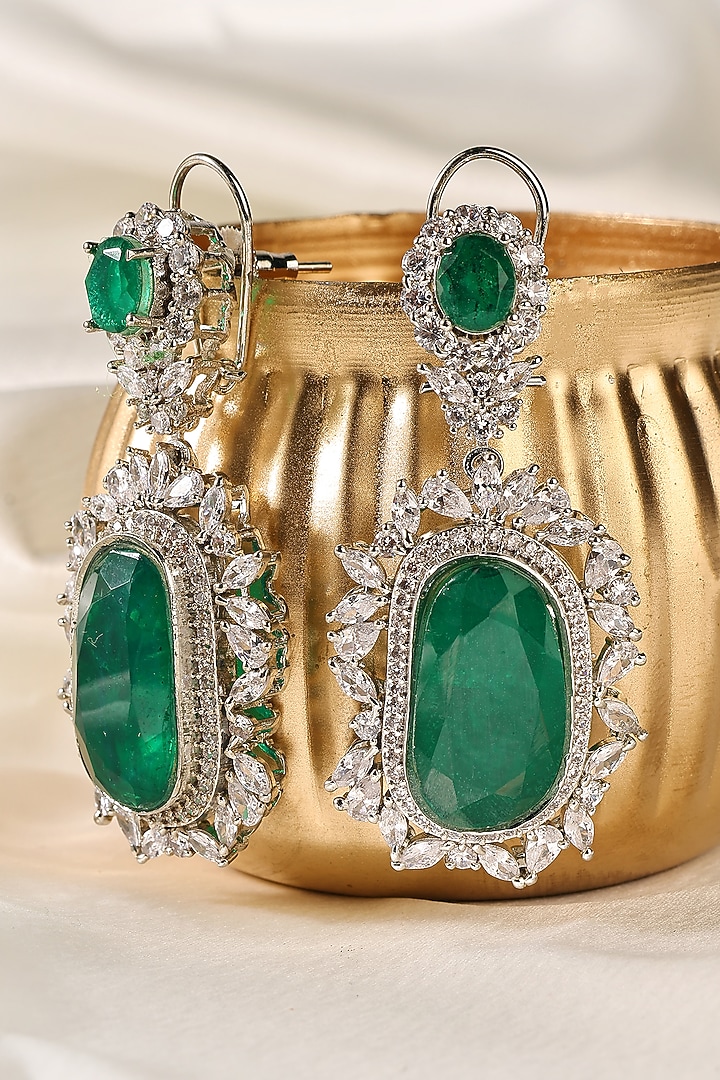 White Finish Zircon & Emerald Dangler Earrings by Prestones at Pernia's Pop Up Shop