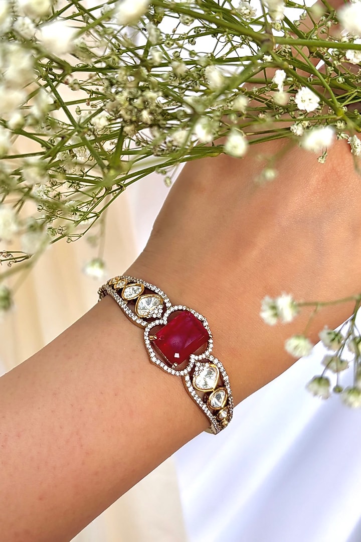 Gold Finish Kundan Polki & Ruby Bangle by Prestones at Pernia's Pop Up Shop