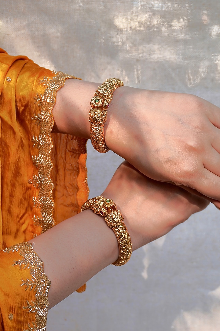 Gold Finish Temple Openable Kadas ( Set Of 2) by Prestones at Pernia's Pop Up Shop