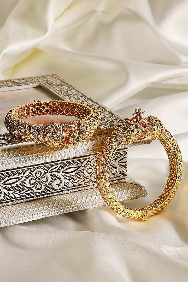 Gold Finish Temple Openable Kadas ( Set Of 2) by Prestones at Pernia's Pop Up Shop