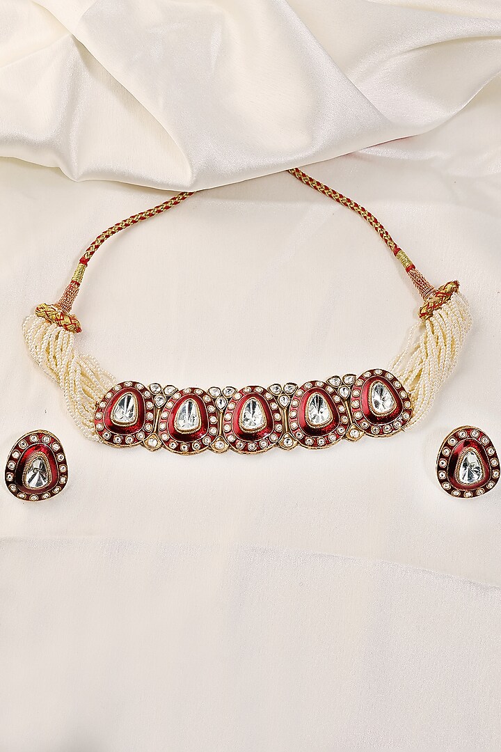 Antique Gold Finish Kundan Polki & Zircon Choker Necklace Set by Prestones at Pernia's Pop Up Shop