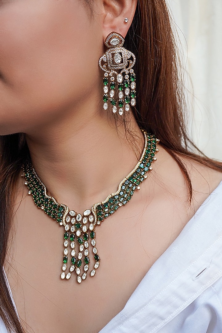 Antique Gold Finish Kundan Polki & Zircon Choker Necklace Set by Prestones at Pernia's Pop Up Shop