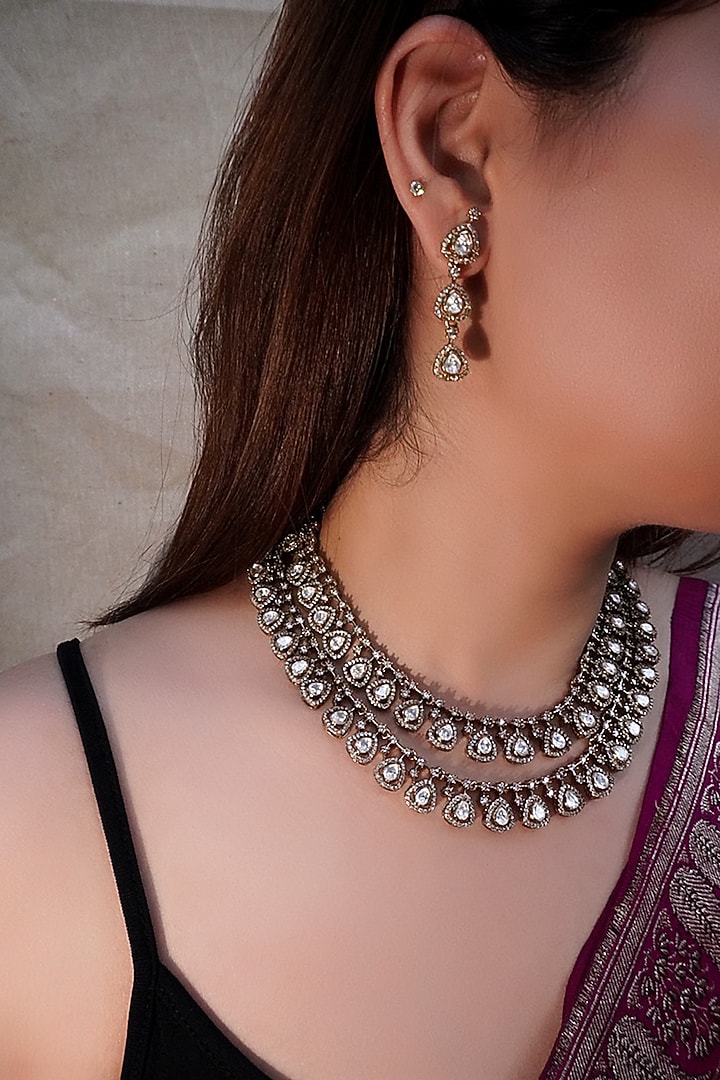 Antique Gold Finish Kundan Polki & Zircon Layered Necklace Set by Prestones at Pernia's Pop Up Shop