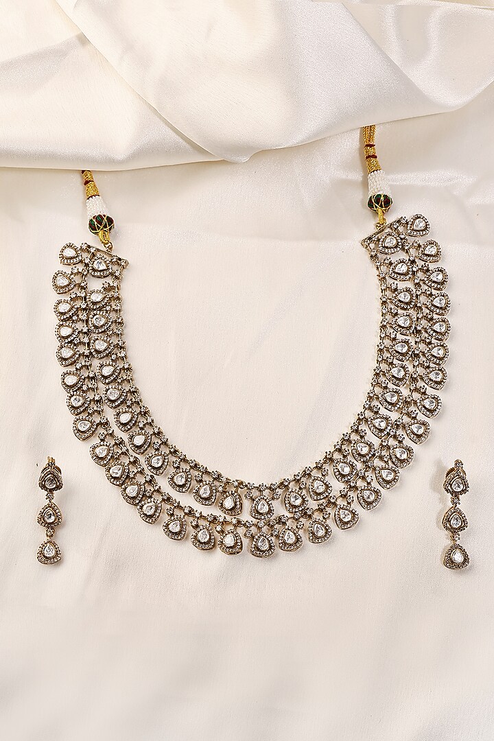 Antique Gold Finish Kundan Polki & Zircon Layered Necklace Set by Prestones at Pernia's Pop Up Shop