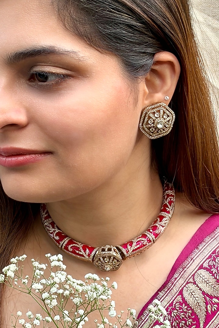 Antique Gold Finish Kundan Polki & Zircon Enameled Choker Necklace Set by Prestones at Pernia's Pop Up Shop