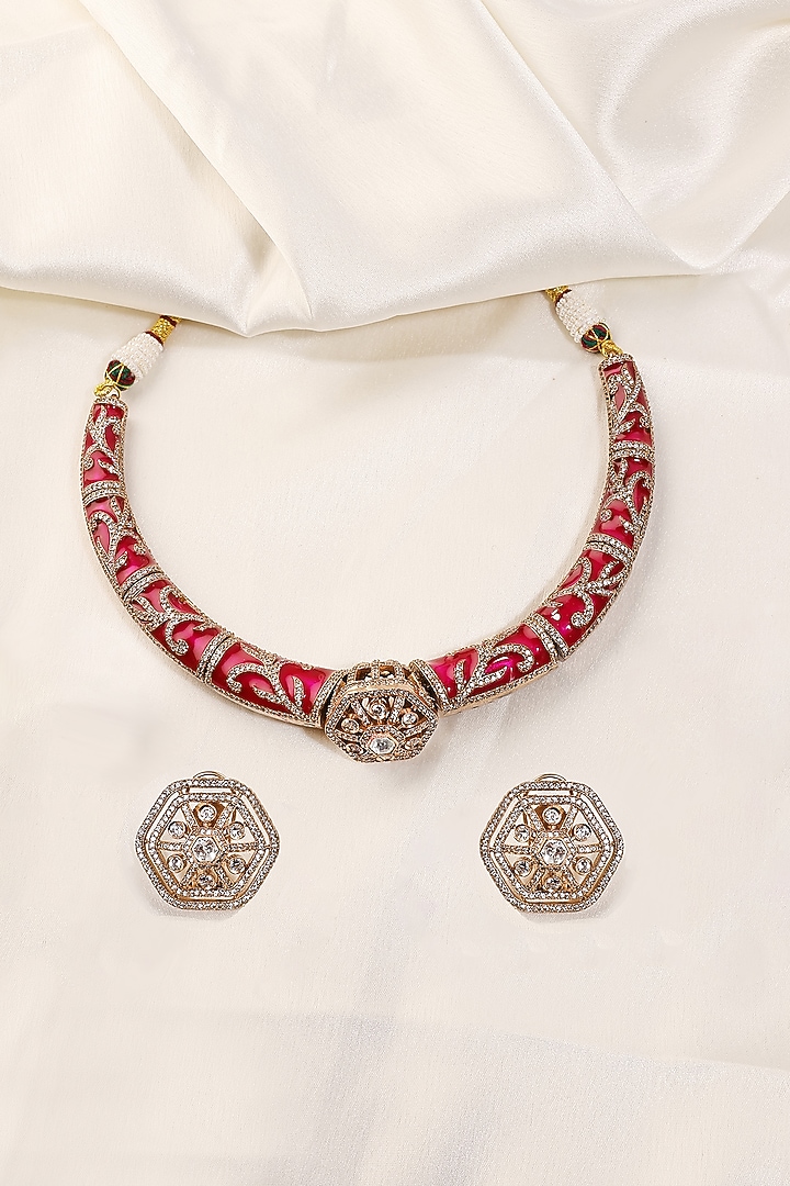 Antique Gold Finish Kundan Polki & Zircon Enameled Choker Necklace Set by Prestones at Pernia's Pop Up Shop