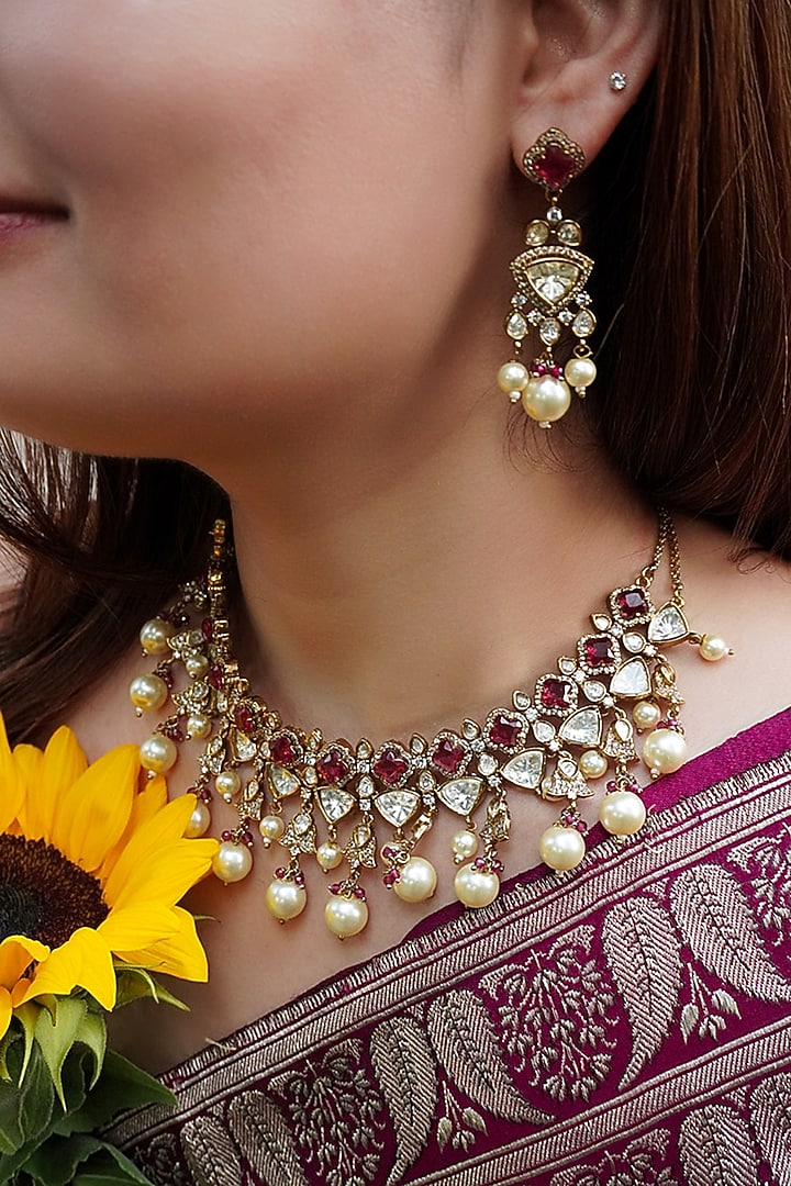 Antique Gold Finish Kundan Polki & Ruby Choker Necklace Set by Prestones at Pernia's Pop Up Shop