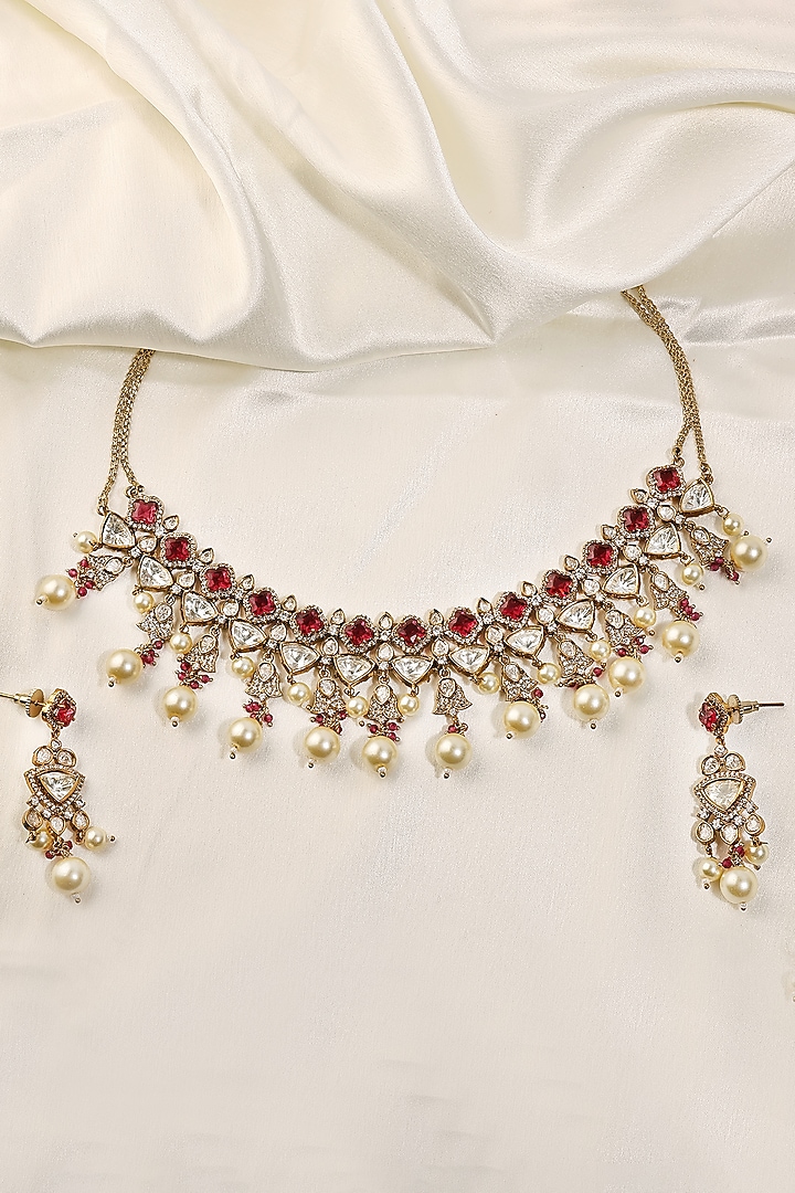 Antique Gold Finish Kundan Polki & Ruby Choker Necklace Set by Prestones at Pernia's Pop Up Shop