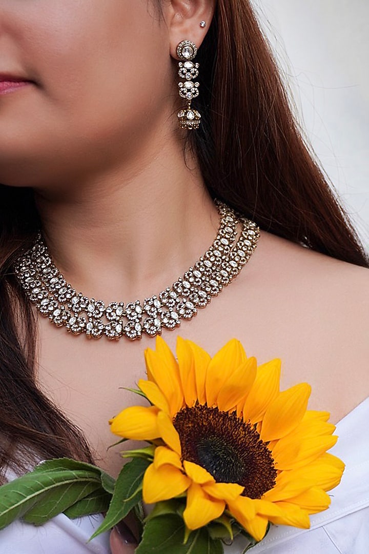 Antique Gold Finish Kundan Polki & Zircon Necklace Set by Prestones at Pernia's Pop Up Shop