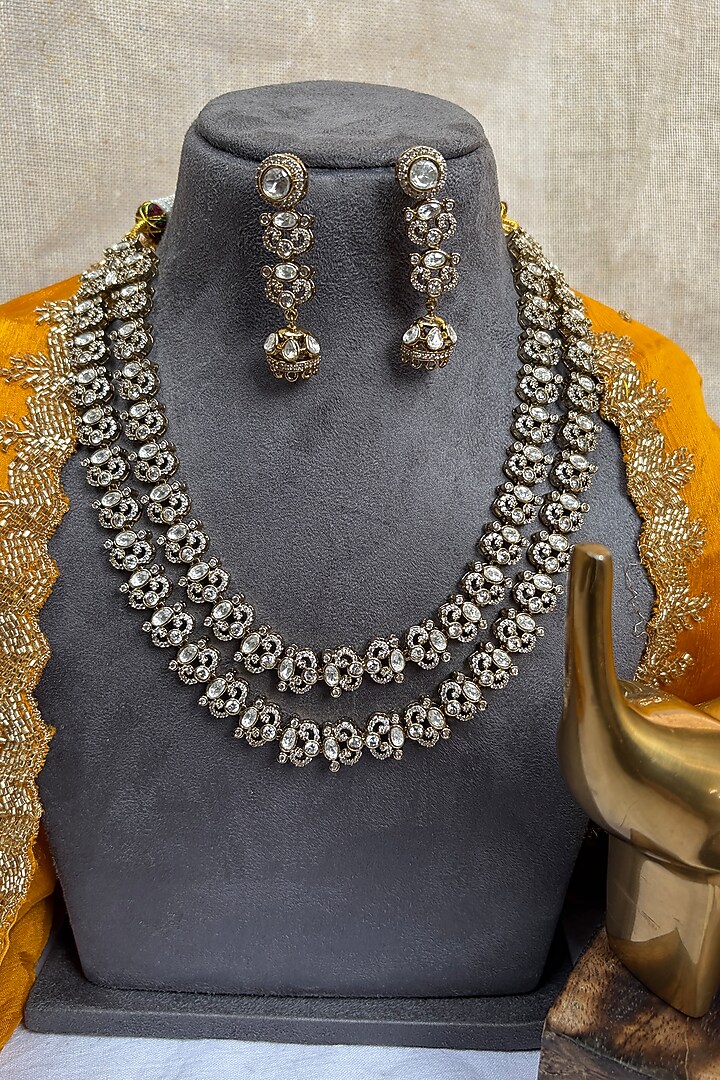 Antique Gold Finish Kundan Polki & Zircon Necklace Set by Prestones at Pernia's Pop Up Shop