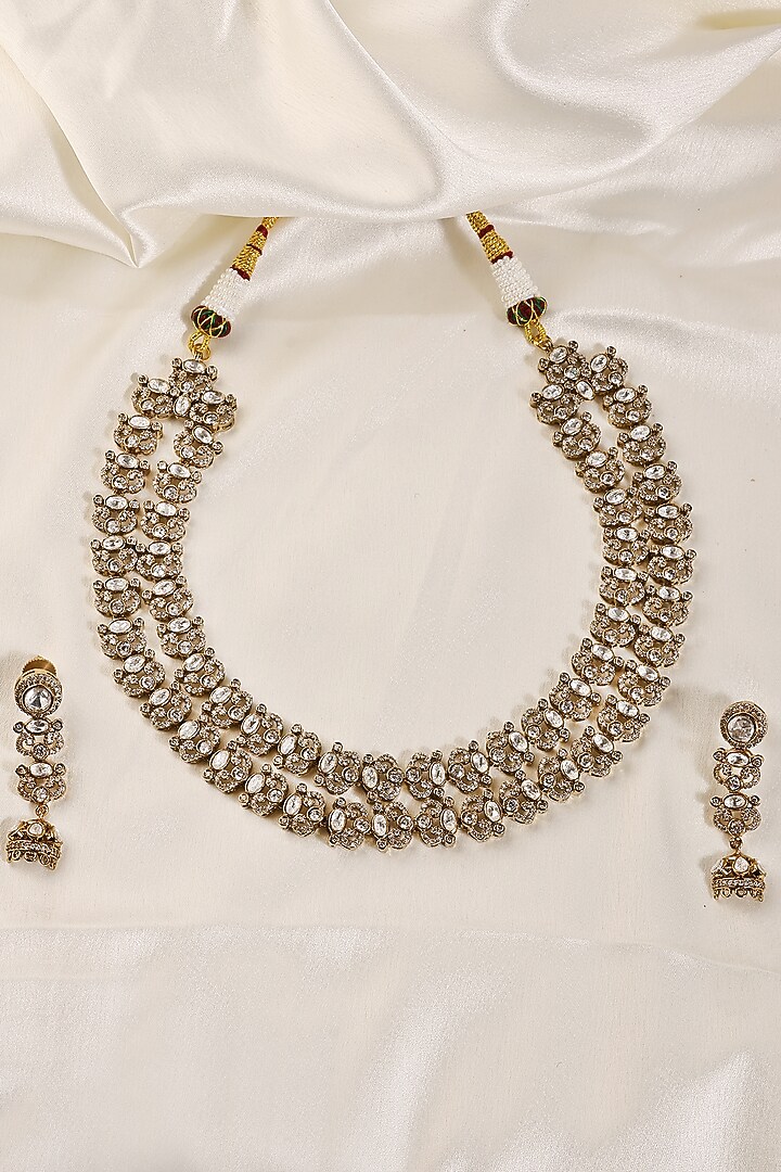 Antique Gold Finish Kundan Polki & Zircon Necklace Set by Prestones at Pernia's Pop Up Shop
