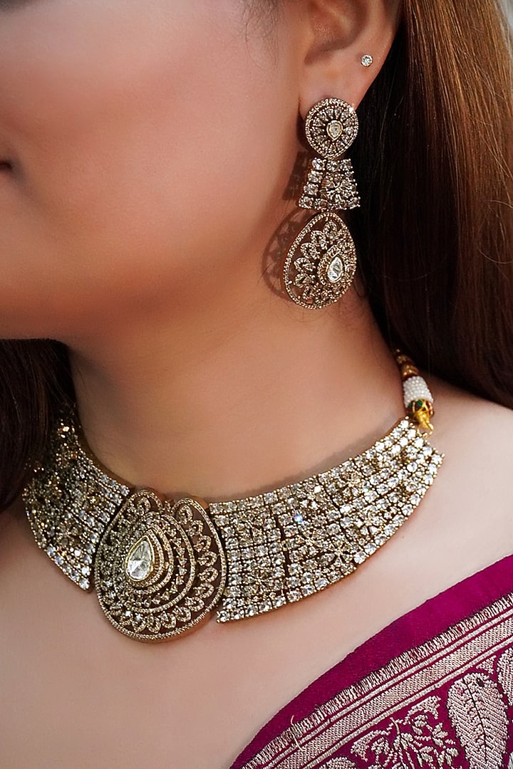 Antique Gold Finish Zircon Choker Necklace Set by Prestones at Pernia's Pop Up Shop