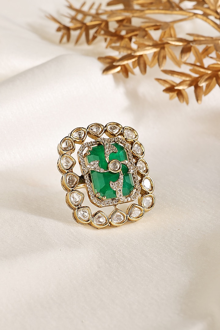 Gold Finish Kundan Polki & Emerald Ring by Prestones at Pernia's Pop Up Shop