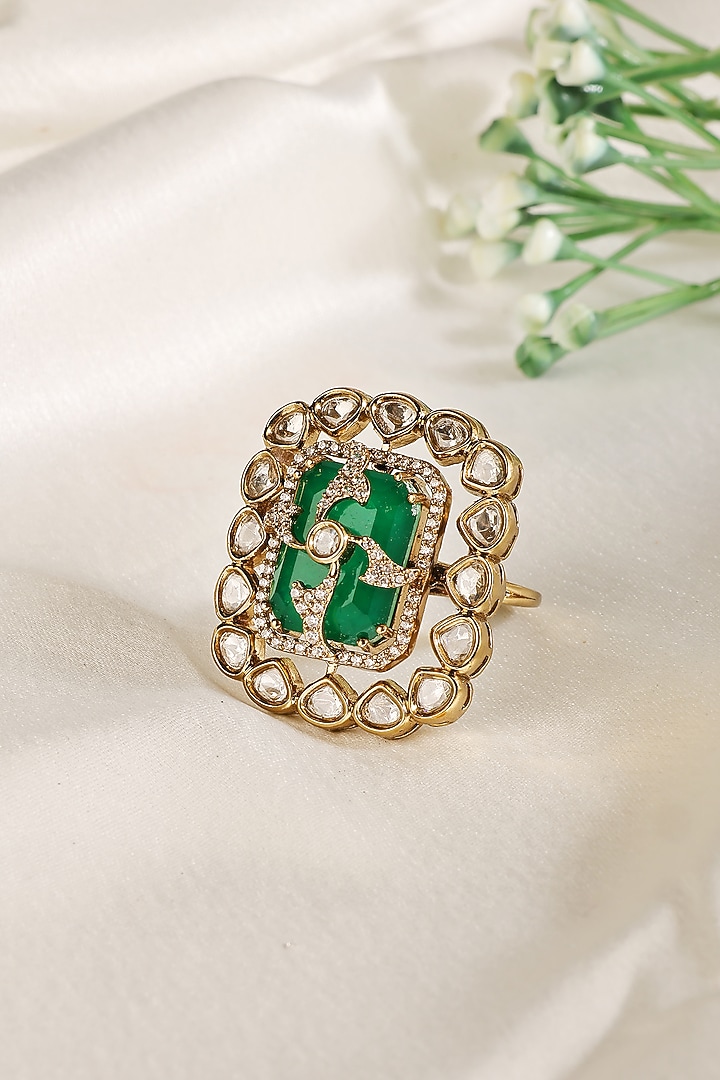 Gold Finish Kundan Polki & Emerald Ring by Prestones at Pernia's Pop Up Shop
