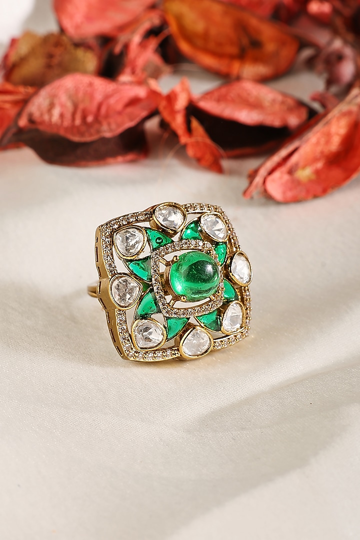 Gold Finish Kundan Polki & Emerald Ring by Prestones at Pernia's Pop Up Shop