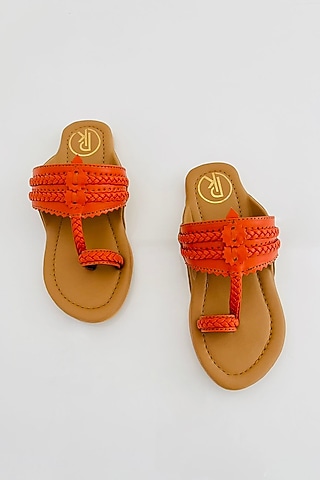 Orange & Tan Faux Printed Kolhapuri Flats For Girls by Preet Kaur-Kids