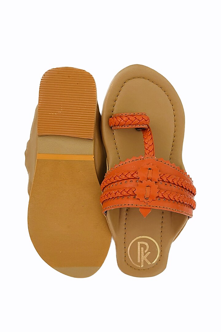 Orange & Tan Faux Printed Kolhapuri Flats For Girls by Preet Kaur-Kids at Pernia's Pop Up Shop