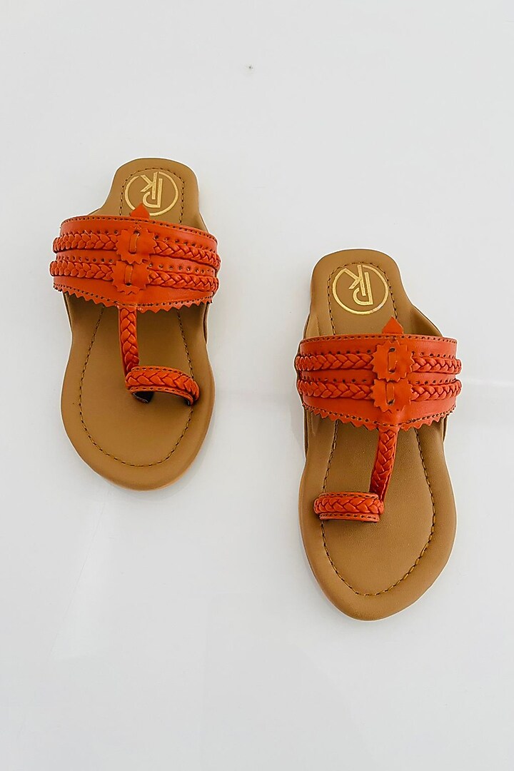Orange & Tan Faux Printed Kolhapuri Flats For Girls by Preet Kaur-Kids at Pernia's Pop Up Shop