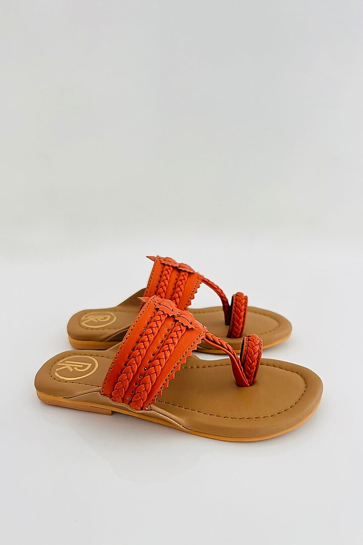 Orange & Tan Faux Printed Kolhapuri Flats For Girls by Preet Kaur-Kids at Pernia's Pop Up Shop