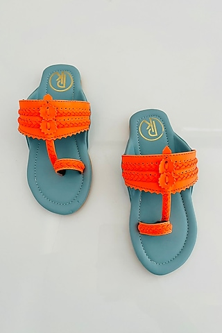 Neon Orange & Blue Faux Leather Color Block Printed Kolhapuri Flats For Girls by Preet Kaur-Kids