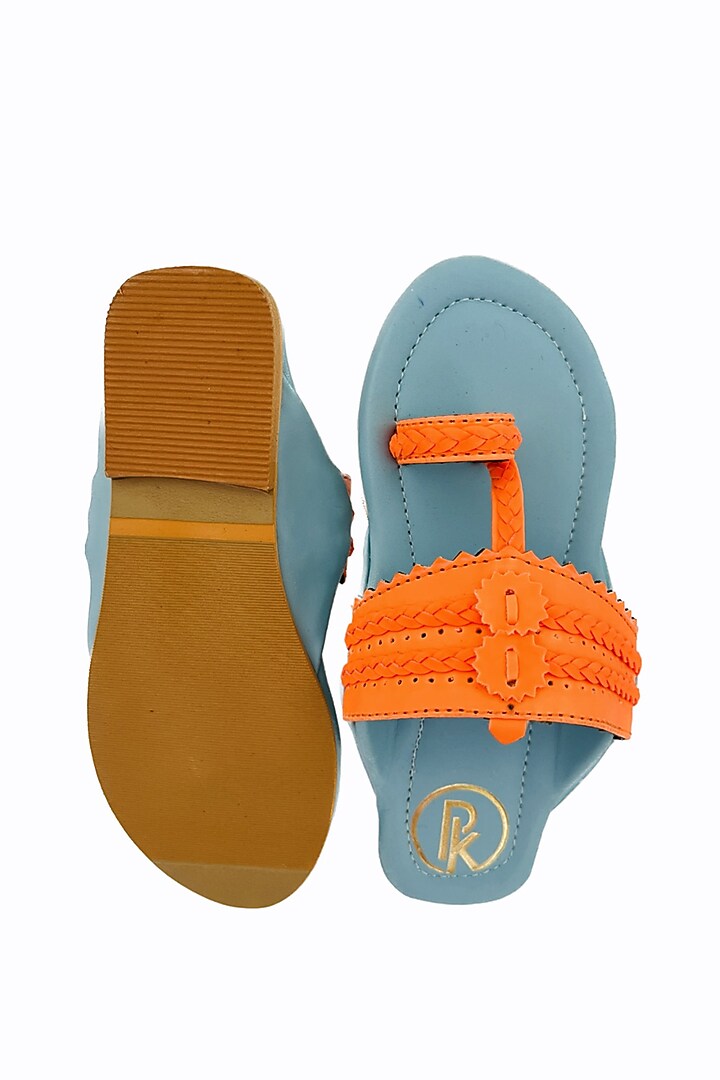Neon Orange & Blue Faux Leather Color Block Printed Kolhapuri Flats For Girls by Preet Kaur-Kids at Pernia's Pop Up Shop