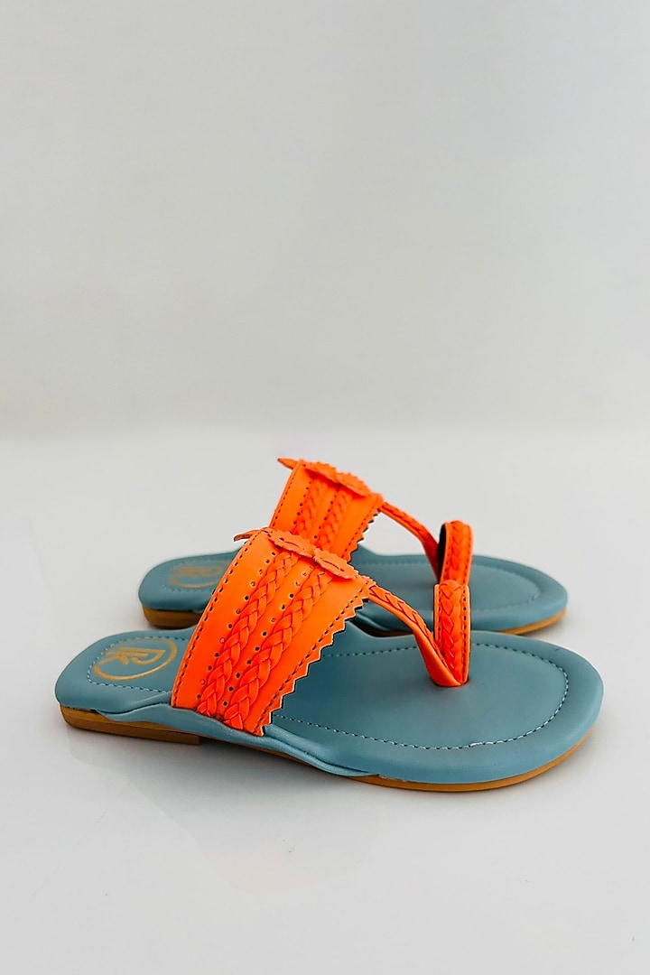 Neon Orange & Blue Faux Leather Color Block Printed Kolhapuri Flats For Girls by Preet Kaur-Kids at Pernia's Pop Up Shop