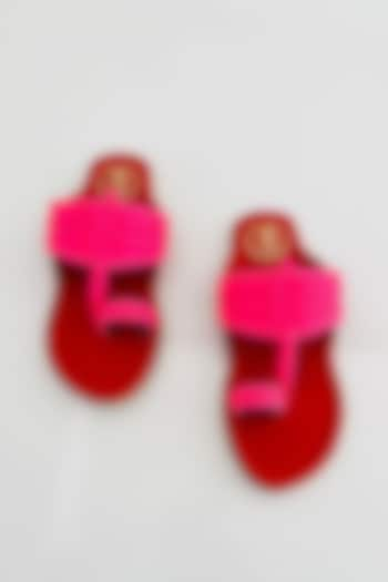 Pink & Red Faux Leather Color Block Printed Kolhapuri Flats For Girls by Preet Kaur-Kids at Pernia's Pop Up Shop