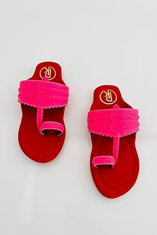 Pink & Red Faux Leather Color Block Printed Kolhapuri Flats For Girls by Preet Kaur-Kids