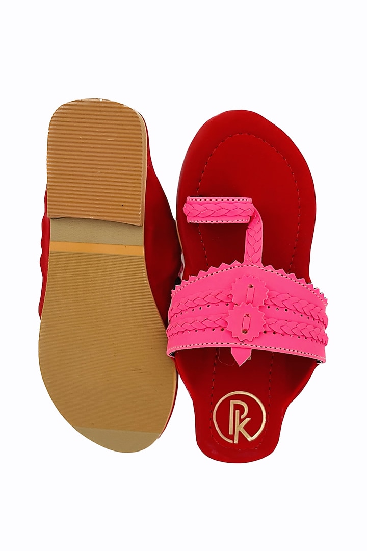 Pink & Red Faux Leather Color Block Printed Kolhapuri Flats For Girls by Preet Kaur-Kids at Pernia's Pop Up Shop
