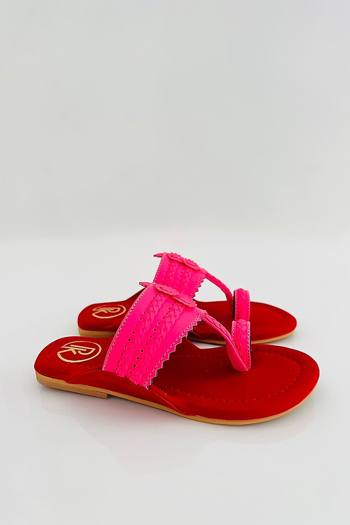 Pink & Red Faux Leather Color Block Printed Kolhapuri Flats For Girls by Preet Kaur-Kids at Pernia's Pop Up Shop