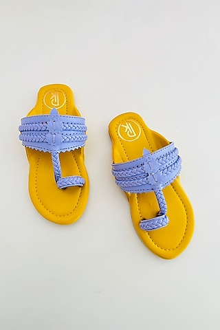 Lavender & Yellow Faux Leather Color Block Printed Kolhapuri Flats For Girls by Preet Kaur-Kids