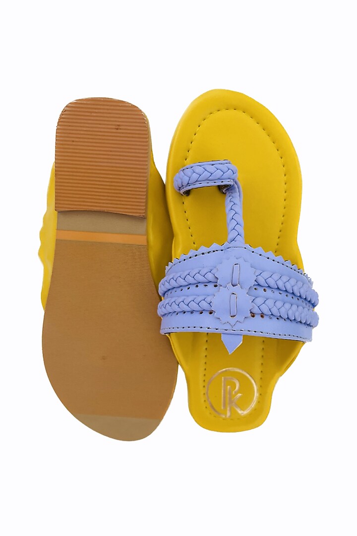 Lavender & Yellow Faux Leather Color Block Printed Kolhapuri Flats For Girls by Preet Kaur-Kids at Pernia's Pop Up Shop