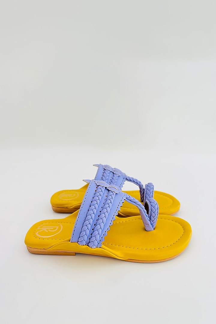 Lavender & Yellow Faux Leather Color Block Printed Kolhapuri Flats For Girls by Preet Kaur-Kids at Pernia's Pop Up Shop