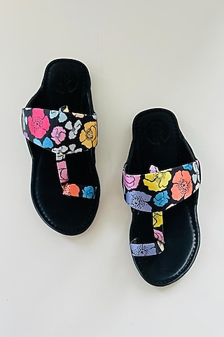 Multi-Colored Faux Leather Color Block Printed Kolhapuri Flats For Girls by Preet Kaur-Kids
