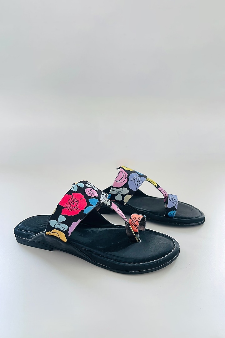 Multi-Colored Faux Leather Color Block Printed Kolhapuri Flats For Girls by Preet Kaur-Kids at Pernia's Pop Up Shop