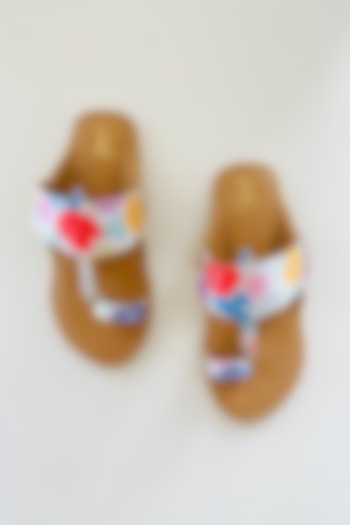 Multi-Colored Faux Leather Color Block Printed Kolhapuri Flats For Girls by Preet Kaur-Kids at Pernia's Pop Up Shop