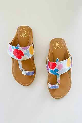Multi-Colored Faux Leather Color Block Printed Kolhapuri Flats For Girls by Preet Kaur-Kids