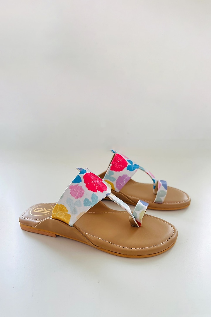 Multi-Colored Faux Leather Color Block Printed Kolhapuri Flats For Girls by Preet Kaur-Kids at Pernia's Pop Up Shop