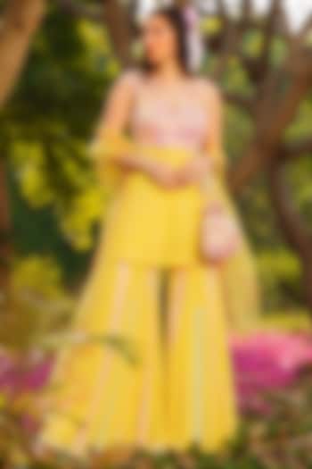 Yellow Heavy Georgette Acrylic Hand Embroidered Gharara Set by PRATISHTHA - THE LABEL at Pernia's Pop Up Shop