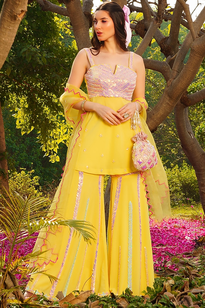 Yellow Heavy Georgette Acrylic Hand Embroidered Gharara Set by PRATISHTHA - THE LABEL at Pernia's Pop Up Shop