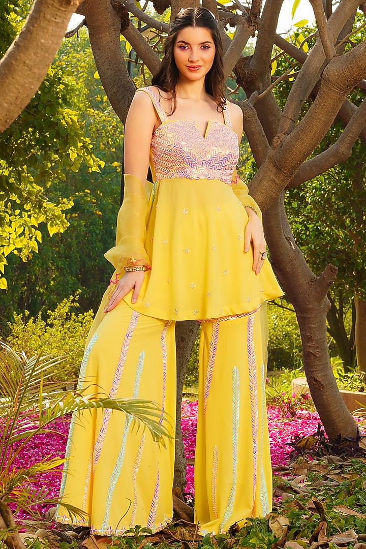 Yellow Heavy Georgette Acrylic Hand Embroidered Gharara Set by PRATISHTHA - THE LABEL at Pernia's Pop Up Shop